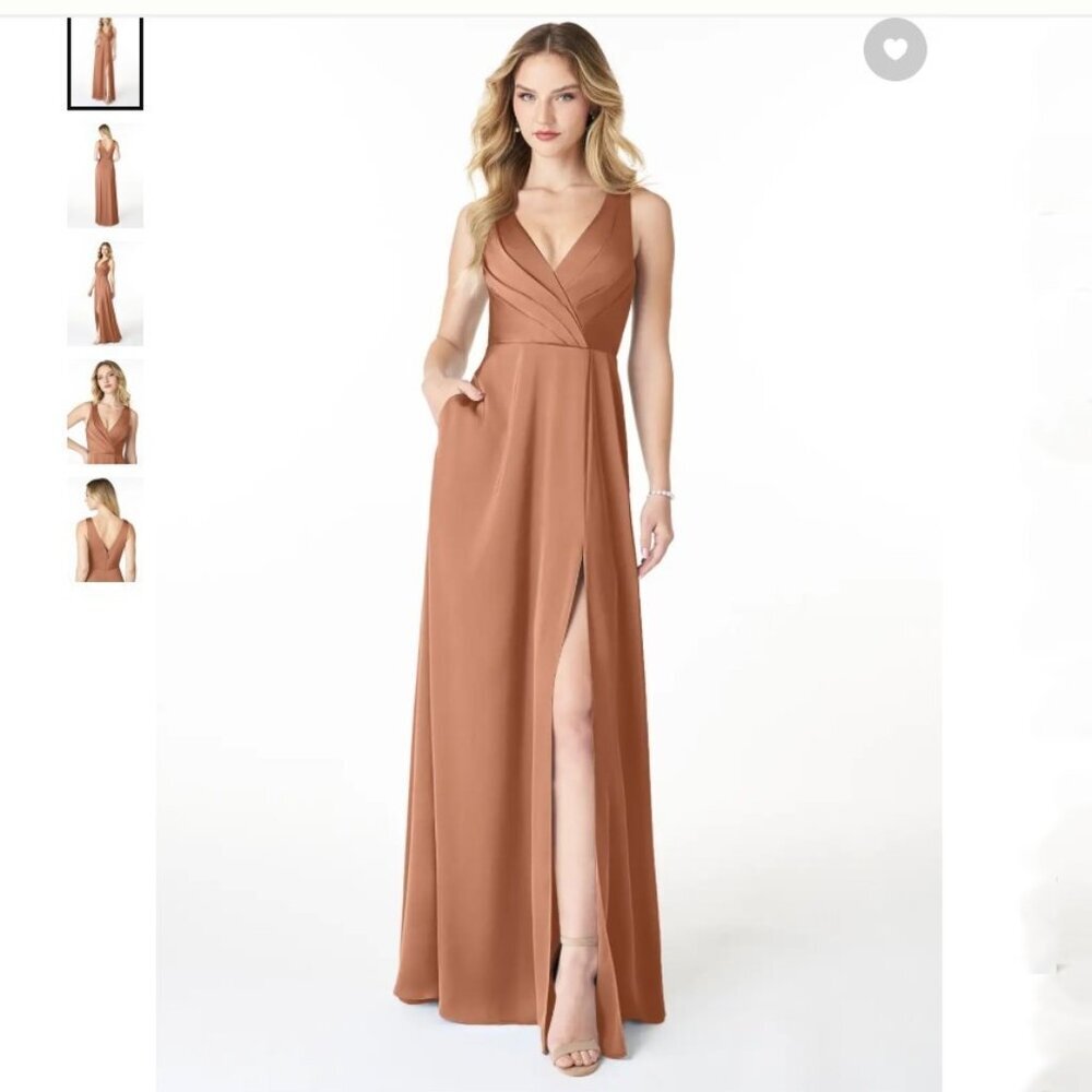 Azazie Nelly Bronzer A-Line V-Neck Pleated Stretch Satin‎ Dress A12